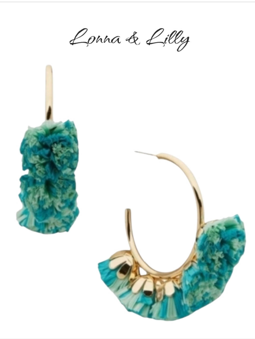 NWT Lonna & Lilly Gold Tone Raffia Pom Pom C Hoop Earrings